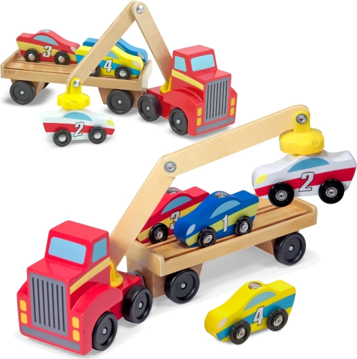 Melissa & Doug medinis vilkikas su magnetiniu kranu ir automobiliukais