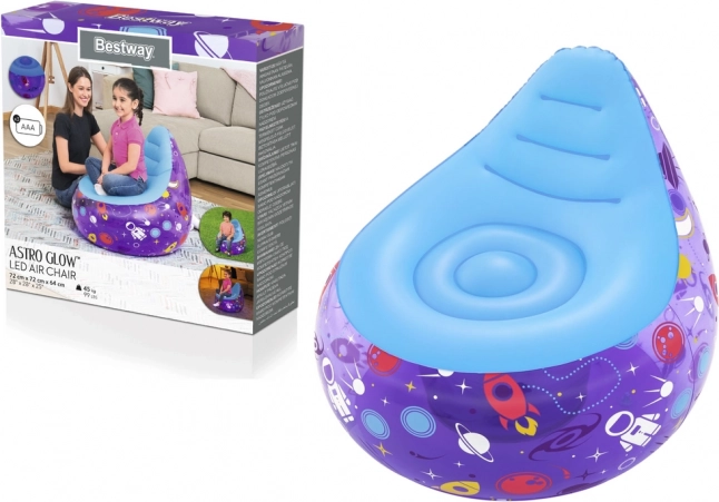 Vaikiškas pripučiamas krėslas su LED kosmosu Bestway, violetinis, 72 × 72 × 64 cm