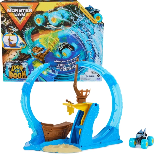 Monster Jam Megalodon Loop of Doom triukų trasa su paleidėju ir 1:64 automobiliu