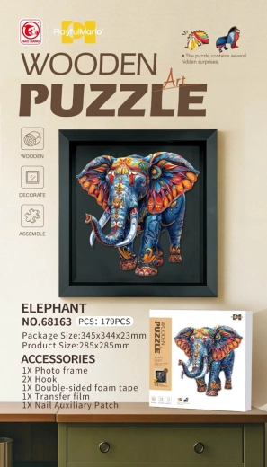 Wooden Elephant Puzzle with 179 Pieces and Frame
