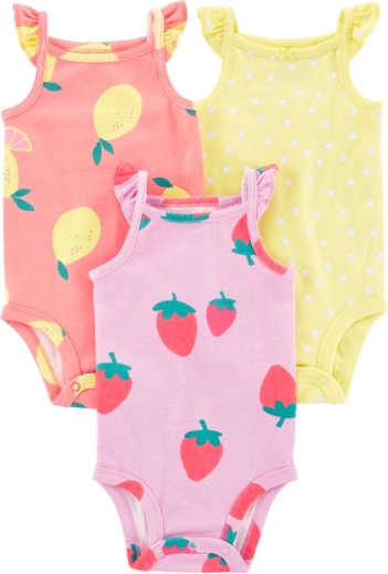 CARTER'S marškinėliai-bodis su petnešėlėmis Dots Fruit mergaitėms 3 vnt. – NB / dyd. 56