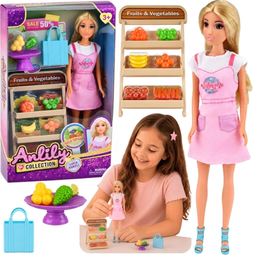 Anlily doll fruit and vegetable shopkeeper with stand and accessories