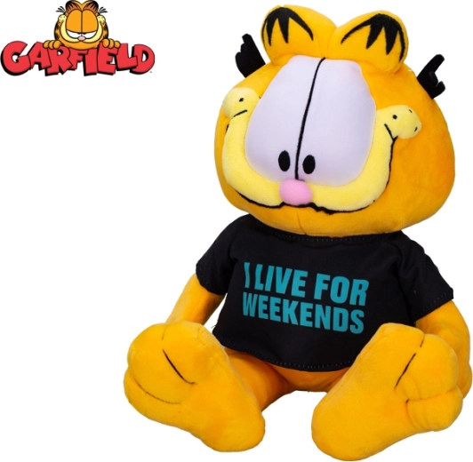 Plush Cat GARFIELD 24 cm – sitting, T-shirt I live for weekends