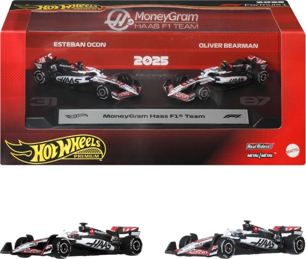 Hot Wheels Premium Formula 1 MoneyGram Haas rinkinys – 2 metaliniai F1 modeliai: Ocon ir Bearman