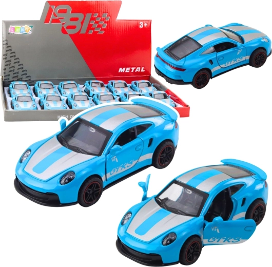 Metal sports car GTRS 1:43 with pull-back drive and opening doors – blue