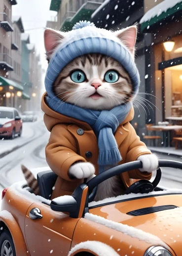 Winter scene with a cute kitten