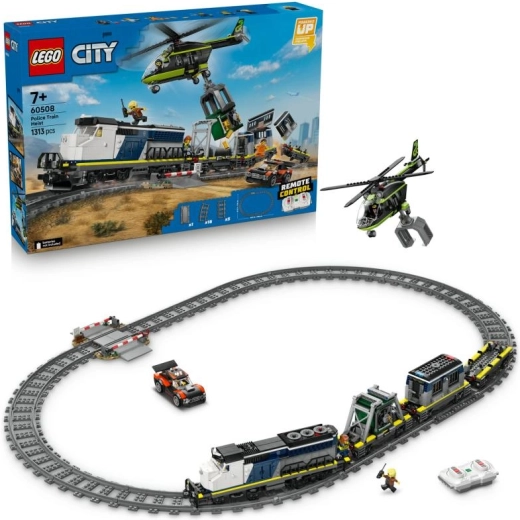LEGO City Plėšimas policijos traukinyje – nuotoliniu būdu valdomas traukinio rinkinys su sraigtasparniu ir minifigūrėlėmis