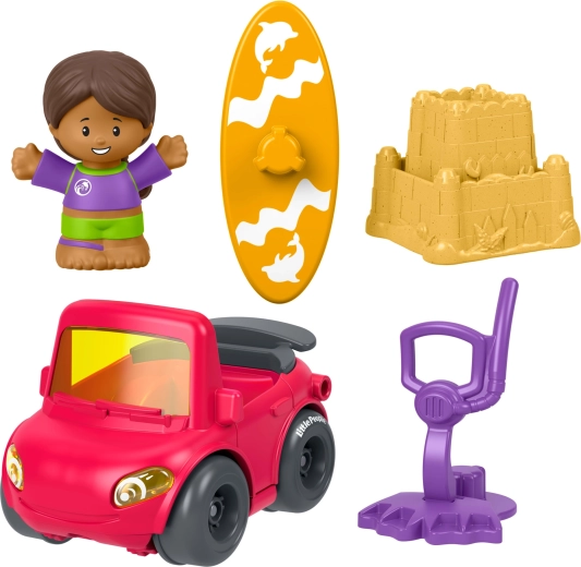 Fisher-Price Little People rinkinys su automobiliuku, figūrėle ir priedais – diena paplūdimyje