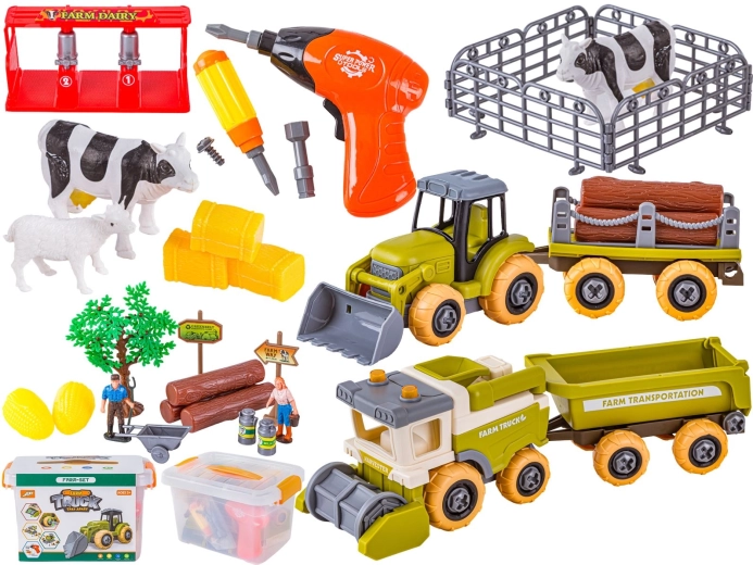 Mini farm screw-together set with a tractor, combine harvester and accessories in a case