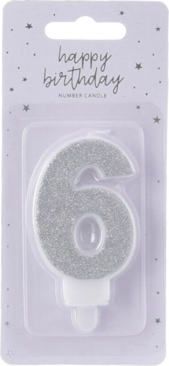 Sidabrinė torto žvakutė skaičius 6, 7 cm