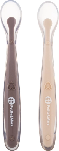 Petite&Mars silikoniniai šaukšteliai su kelioniniu dėkliuku Take&Match sand cocoa, 2 vnt.