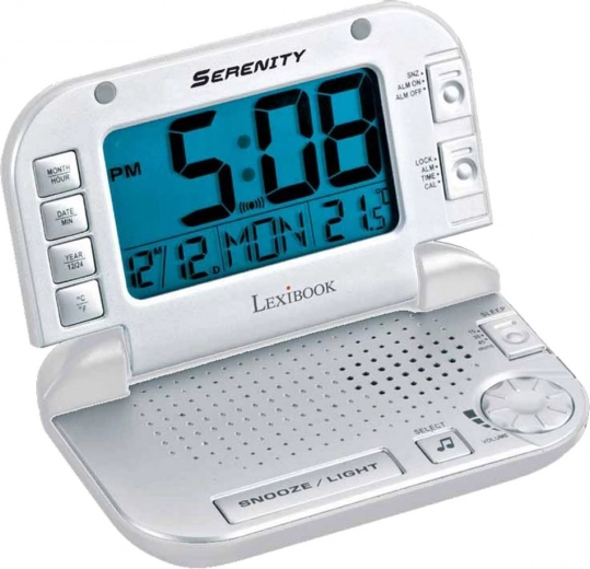 Travel alarm clock with relaxing nature sounds and backlit display