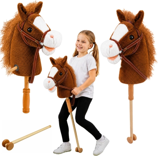 Brown hobby horse on a stick with wooden handle, galloping and neighing sounds, 100 cm
