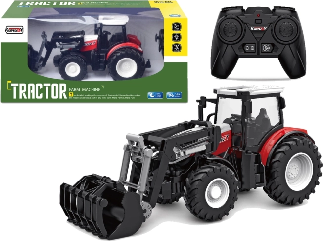 Raudonas nuotoliniu būdu valdomas traktorius 2,4 GHz su judančiu kaušu 1:24