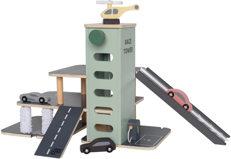 Jabadabado wooden parking garage with elevator, car wash and helipad