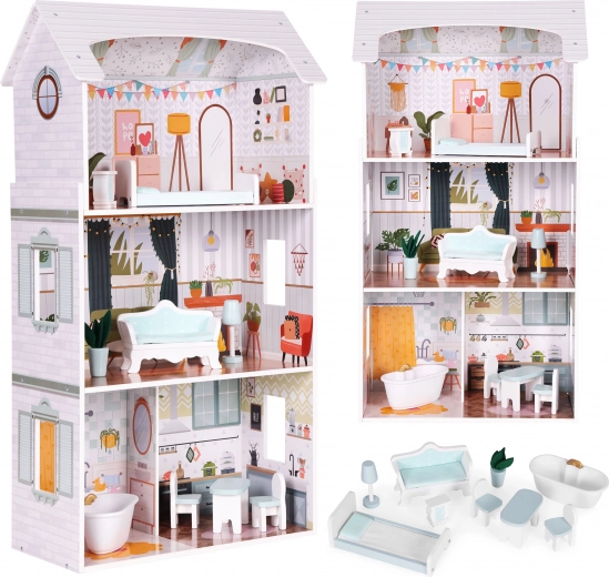 Lėlių namelis Alice – 3 aukštai, 4 kambariai, rinkinys su 9 baldų detalėmis Ecotoys
