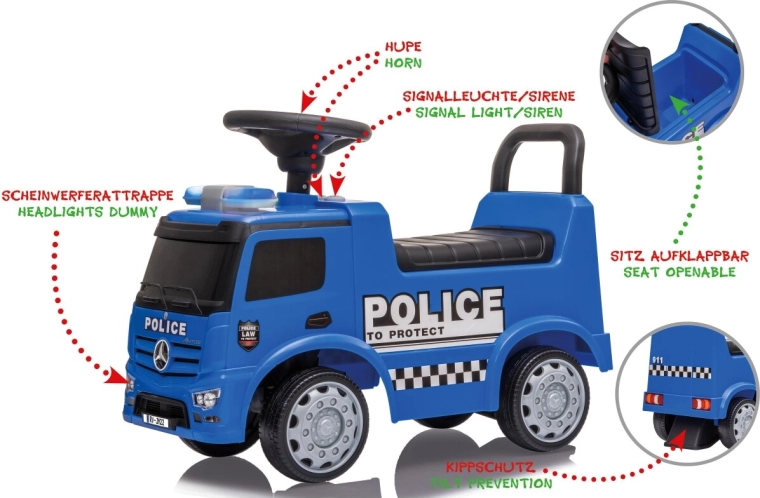 Vaikiška stumiamoji transporto priemonė „Mercedes-Benz Antos Police“ 2 viename