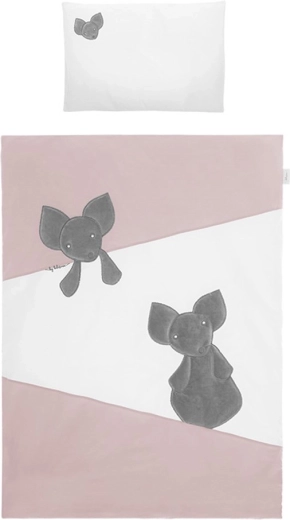 Pink and white baby crib bedding set with bumper and animal-themed pillow
