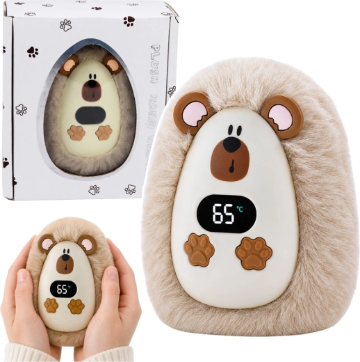 Pliušinis akumuliatorinis rankų šildytuvas ežiukas su temperatūros ekranu (USB‑C)
