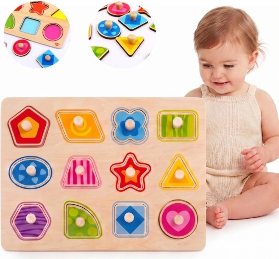 Tooky Toy Montessori medinė įstatoma formų dėlionė su rankenėlėmis – 1 vnt.