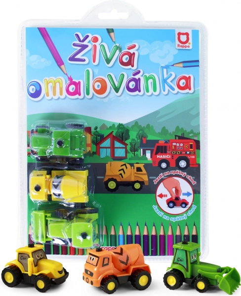Gyva spalvinimo knygelė „Statybinės mašinos“ – 3 vnt. rinkinys