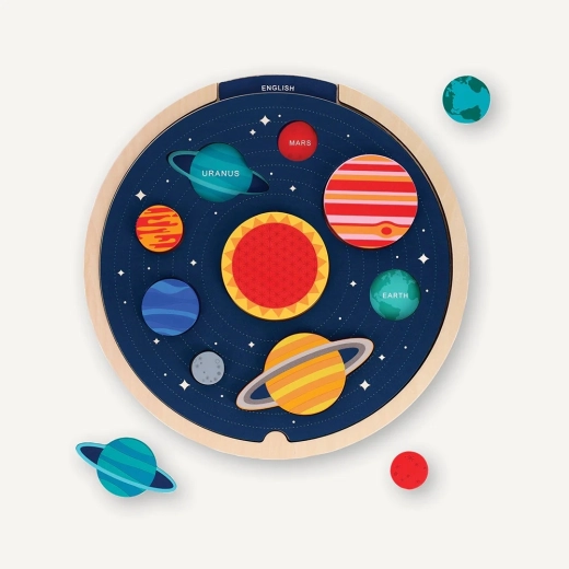 Petit Collage įstatomas dėlionės žaidimas Saulės sistema – daugiakalbis