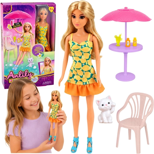 Anlily fashion doll in a yellow dress with garden furniture, parasol, and a kitty