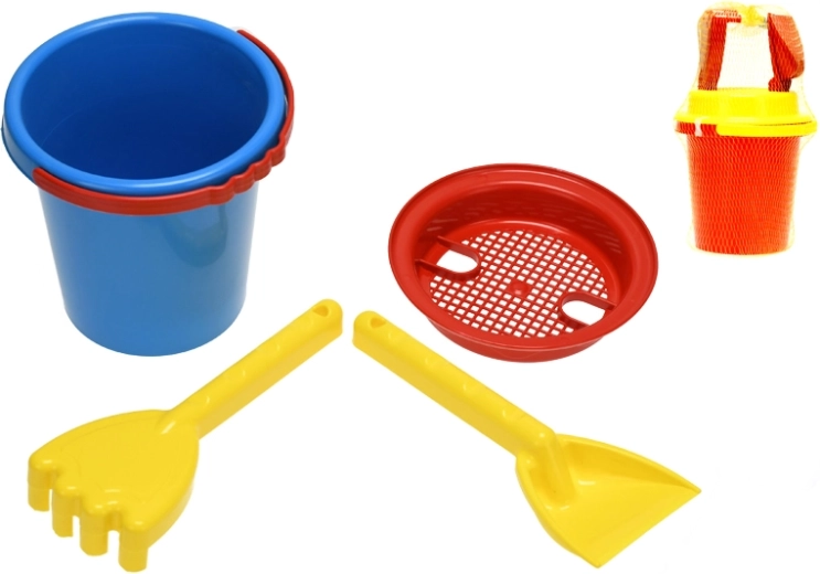 Vaikiškas smėlio žaidimų rinkinys tinklelyje (kibirėlis, sietelis, kastuvėlis, grėbliukai) 14 cm
