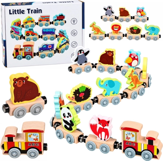Wooden train with animals, a locomotive and 10 carriages