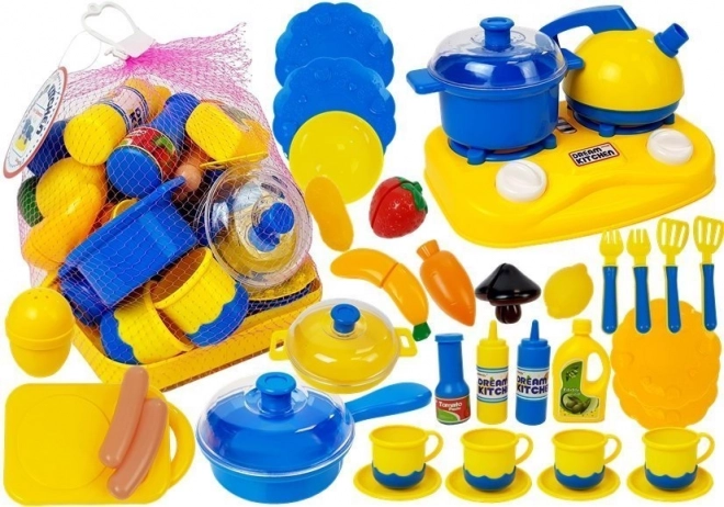 Plastikinė vaikiška virtuvėlė mažajam virėjui – indų ir maisto produktų rinkinys