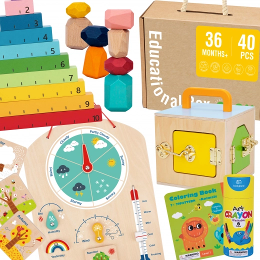 Tooky Toy Montessori edukacinė dėžutė 6 viename: užrakinama dėžutė, balansavimo akmenys, orų lentelė, skaičiavimas 1–10, spalvinimo knygelė ir knygelė