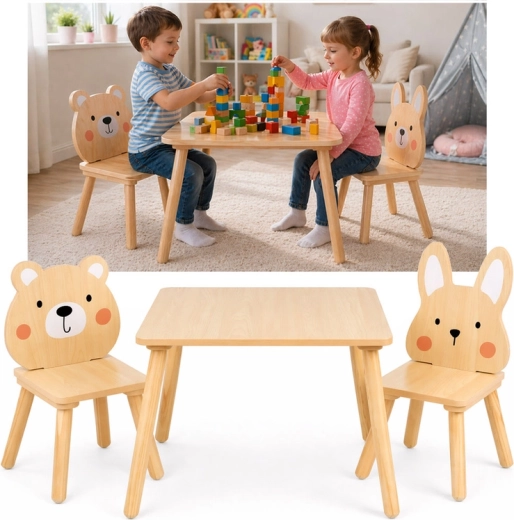 Wooden children's table with two chairs, teddy bear and bunny