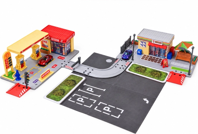 Road, parking lot and two cars