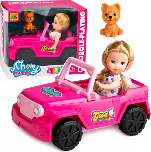 Mini lėlytė rožiniame visureigiame kabriolete su šuneliu