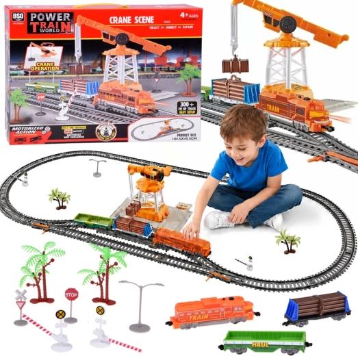 Electric train set with crane, switches and 300 cm of track