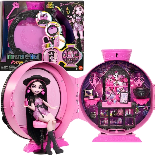 Monster High Potion Reveal lėlė Draculaura – eliksyrų kambarys su priedais – 1 vnt.