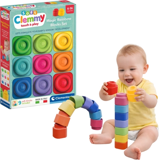 CLEMENTONI Clemmy stebuklinga vaivorykštė – minkšti sensoriniai kubeliai, 9 vnt.