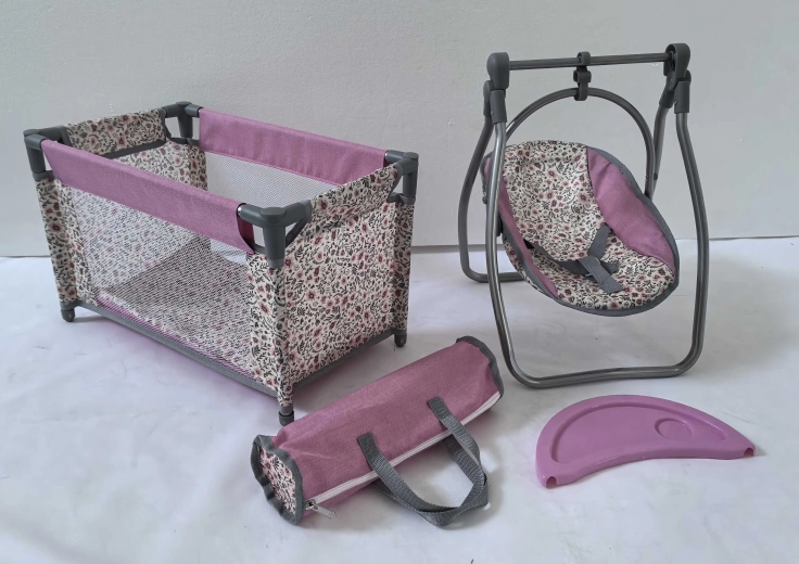 Pink Flowers Doll Set – Travel Cot and 2-in-1 Chair (Rocking Chair)