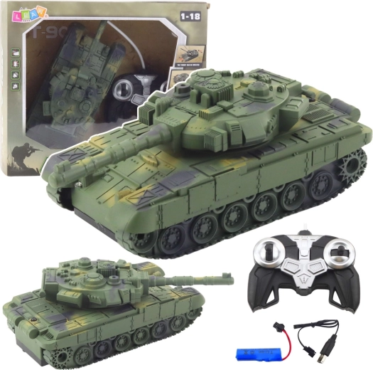 RC tankas T-90 1:18 žalias su šviesomis ir garsais
