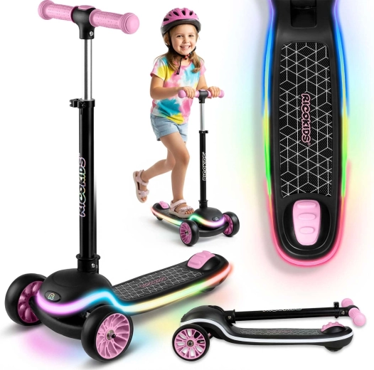 Vaikiškas triratis balansuojantis paspirtukas su LED apšvietimu RICOKIDS Leddi – juodai rožinis