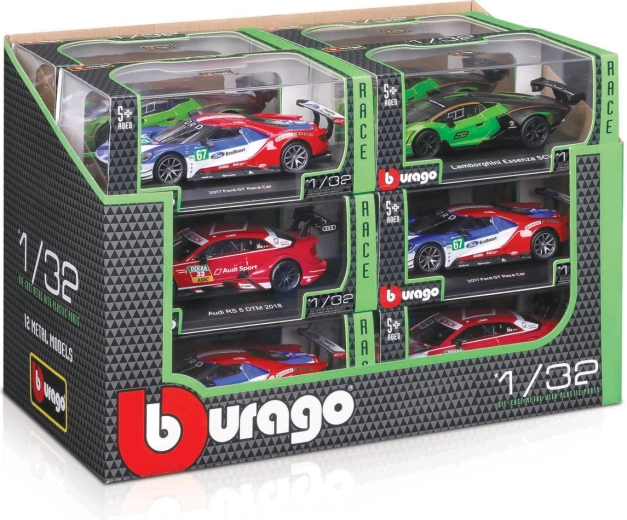 Bburago lenktyniniai automobiliai 1:32 – modelių mišinys ekspoziciniame stende (12 vnt.)