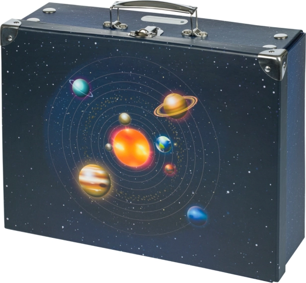 Sulankstomas mokyklinis lagaminėlis planetos su apkaustais