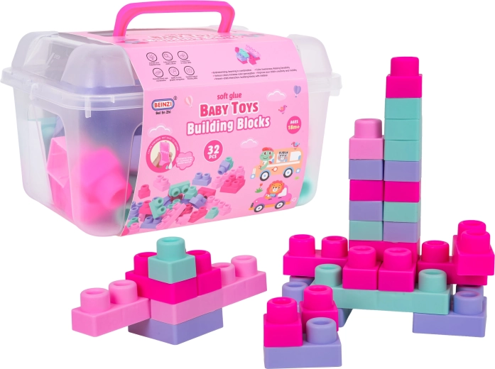 Set of Soft Building Blocks in Pink Colors with Carrying Case, 32 Pieces
