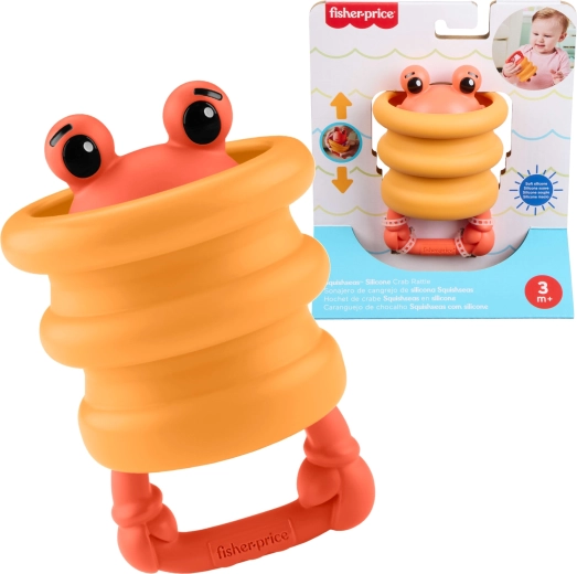Fisher-Price Squishees krabas – silikoninis sensorinis barškutis ir kramtukas kūdikiams