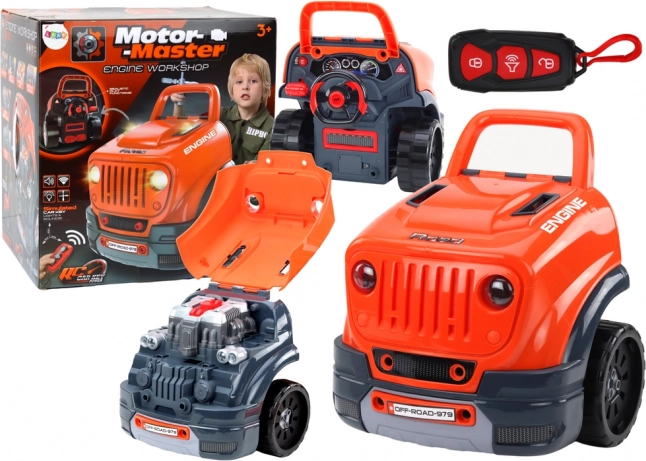 Vaikiškas dirbtuvių rinkinys – išardomas automobilis su varikliu, oranžinis