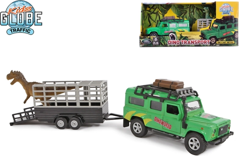 Kids Globe Traffic visureigis LAND ROVER su priekaba ir dinozauru 28 cm, metalinis, su atbulinės eigos (pull-back) mechanizmu