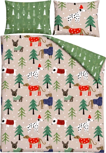 Holly Jolly Christmas Bedding with Dogs and Christmas Trees, Grey-Green, 140 × 200 cm