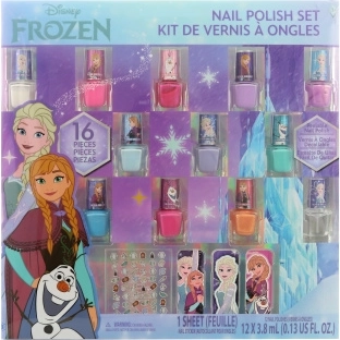 „Frozen“ nagų rinkinys vaikams: 12 nagų lakų, lipdukai ir dildės
