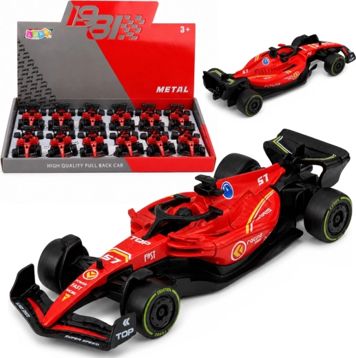 Metalinis lenktyninis formulės automobilis su „Pull Back“ mechanizmu 1:43, raudonas