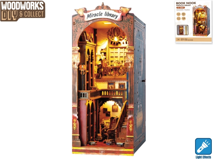 Medinis konstruktorius „Woodworks“ – knygų lentyna su apšvietimu, 371 detalė